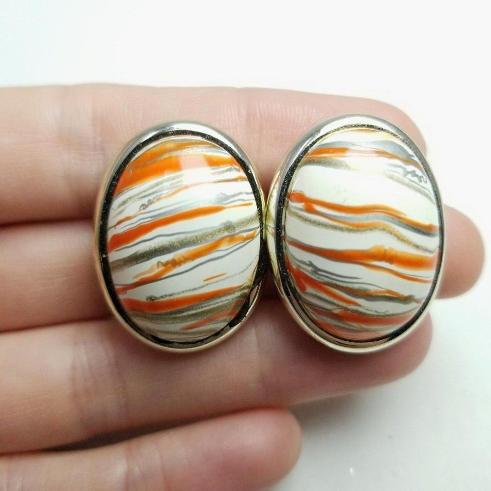 Vintage Orange and White Marble Design Oval Stud Earrings Retro 80s Style Estate